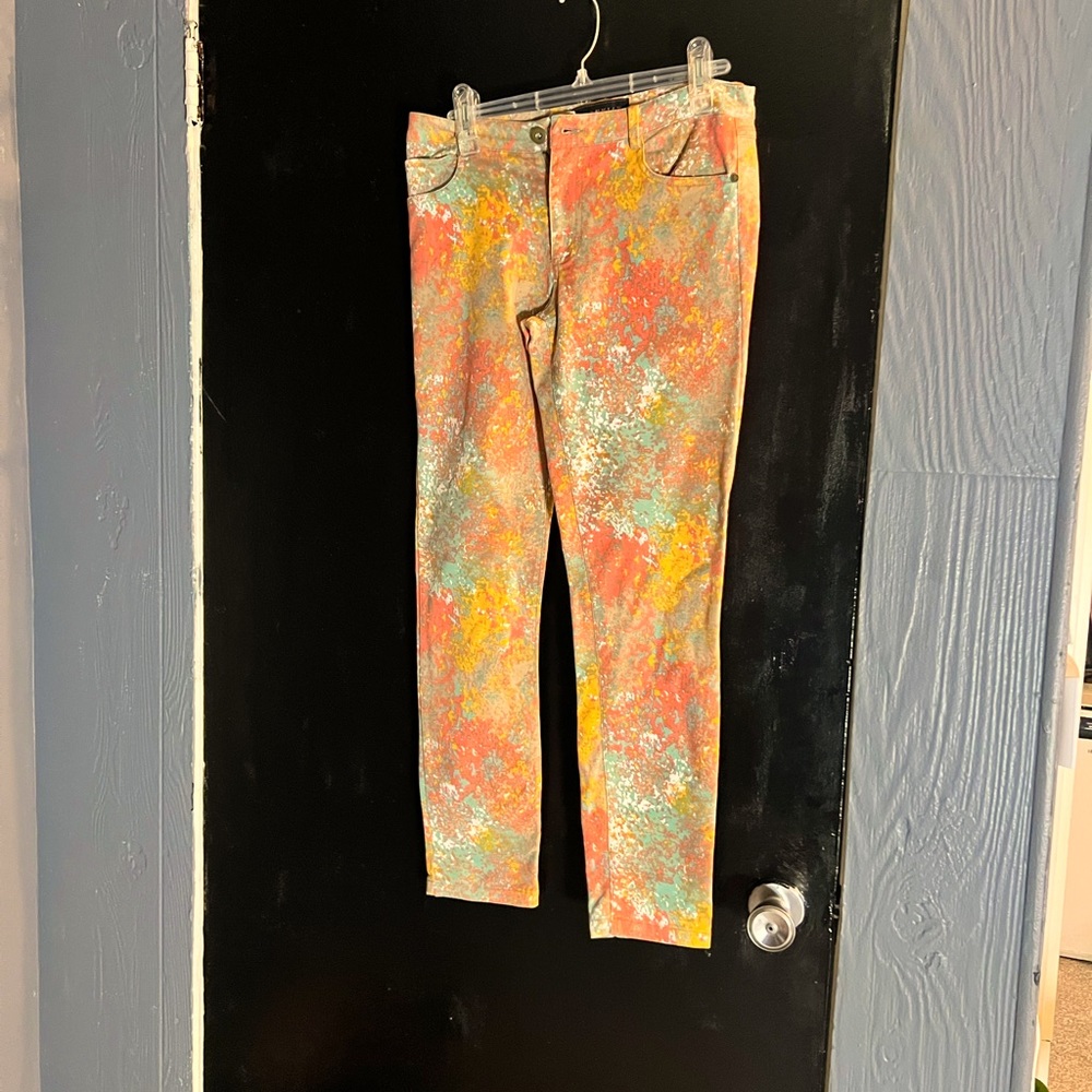 Peruvian Connection splash colored pants, inseam 27, zippers front size 2